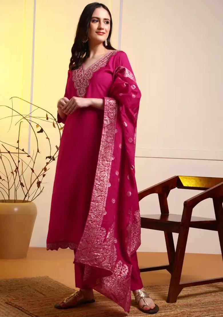 Pink Motif Silk Kurta Set - Indya