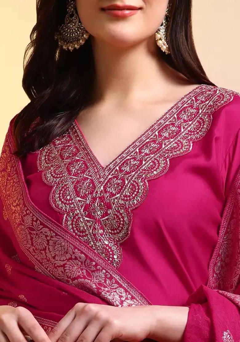 Pink Motif Silk Kurta Set - Indya