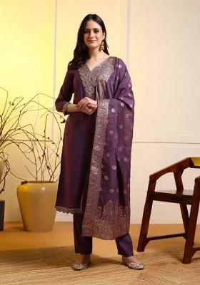 Purple Motif Silk Kurta Set