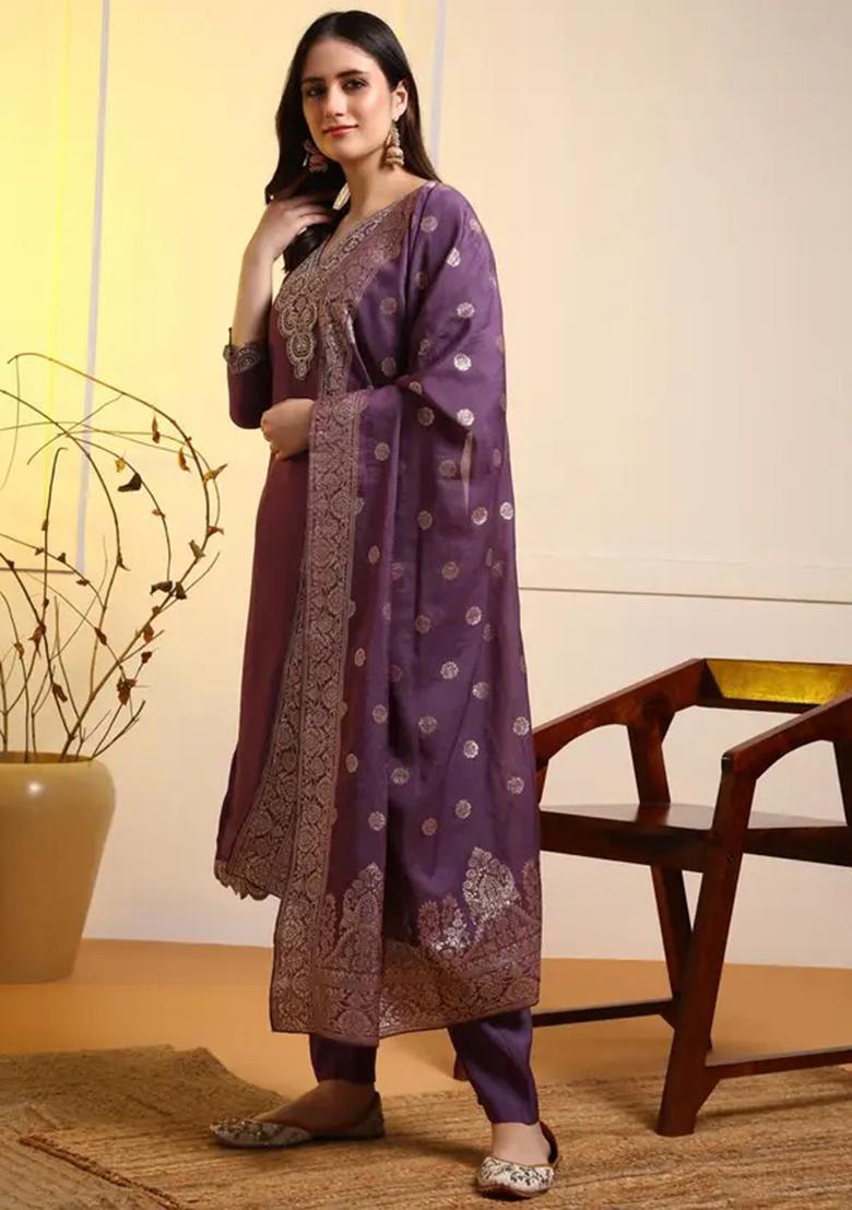 Purple Motif Silk Kurta Set - Indya