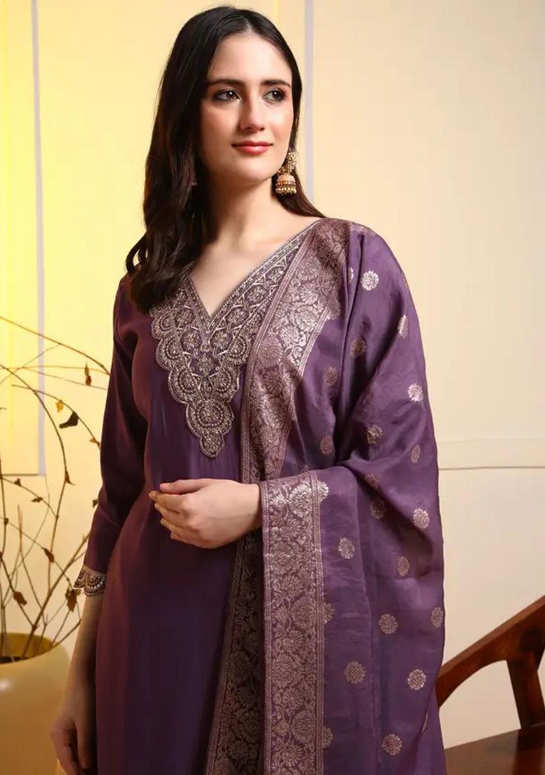Purple Motif Silk Kurta Set - Indya