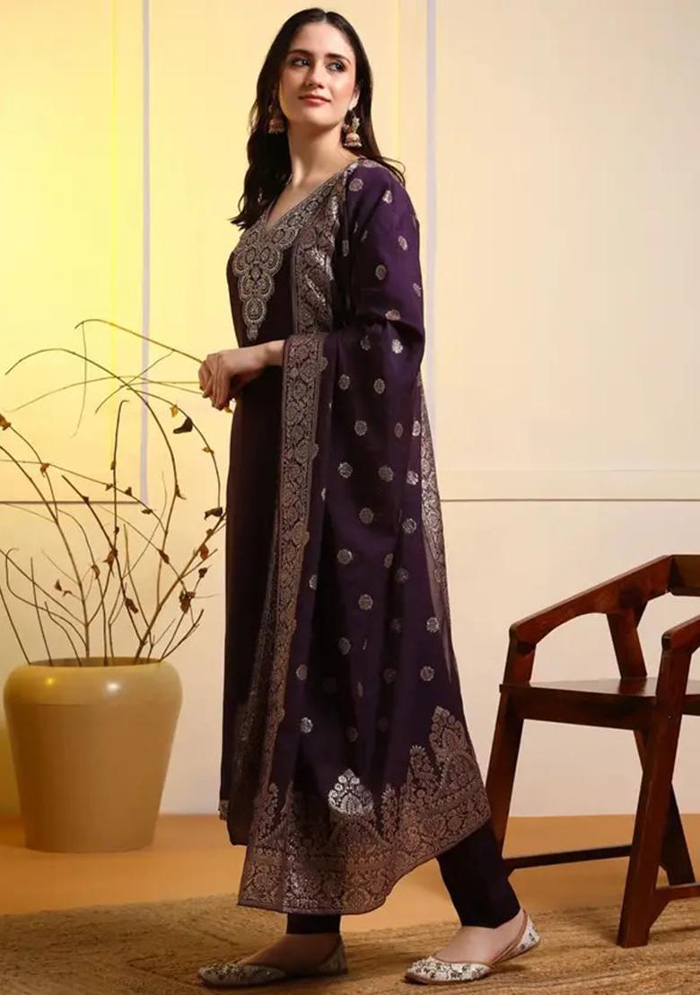 Wine Motif Silk Kurta Set - Indya