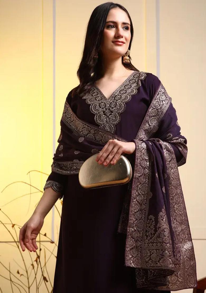 Wine Motif Silk Kurta Set - Indya