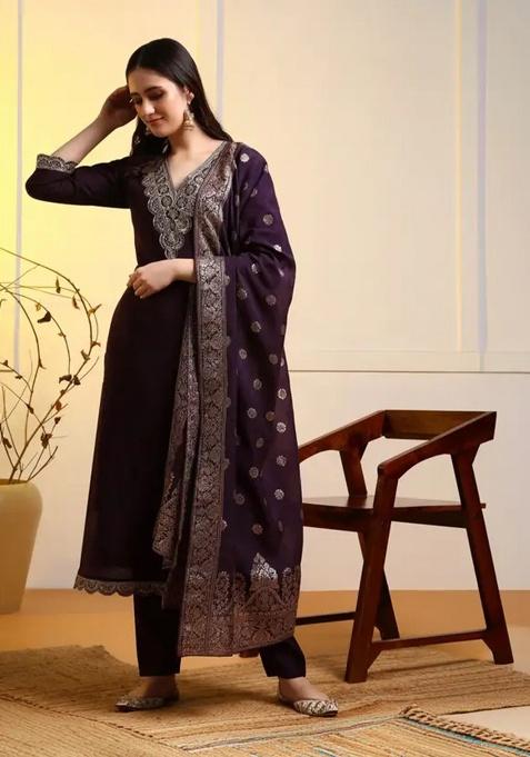 Wine Motif Silk Kurta Set