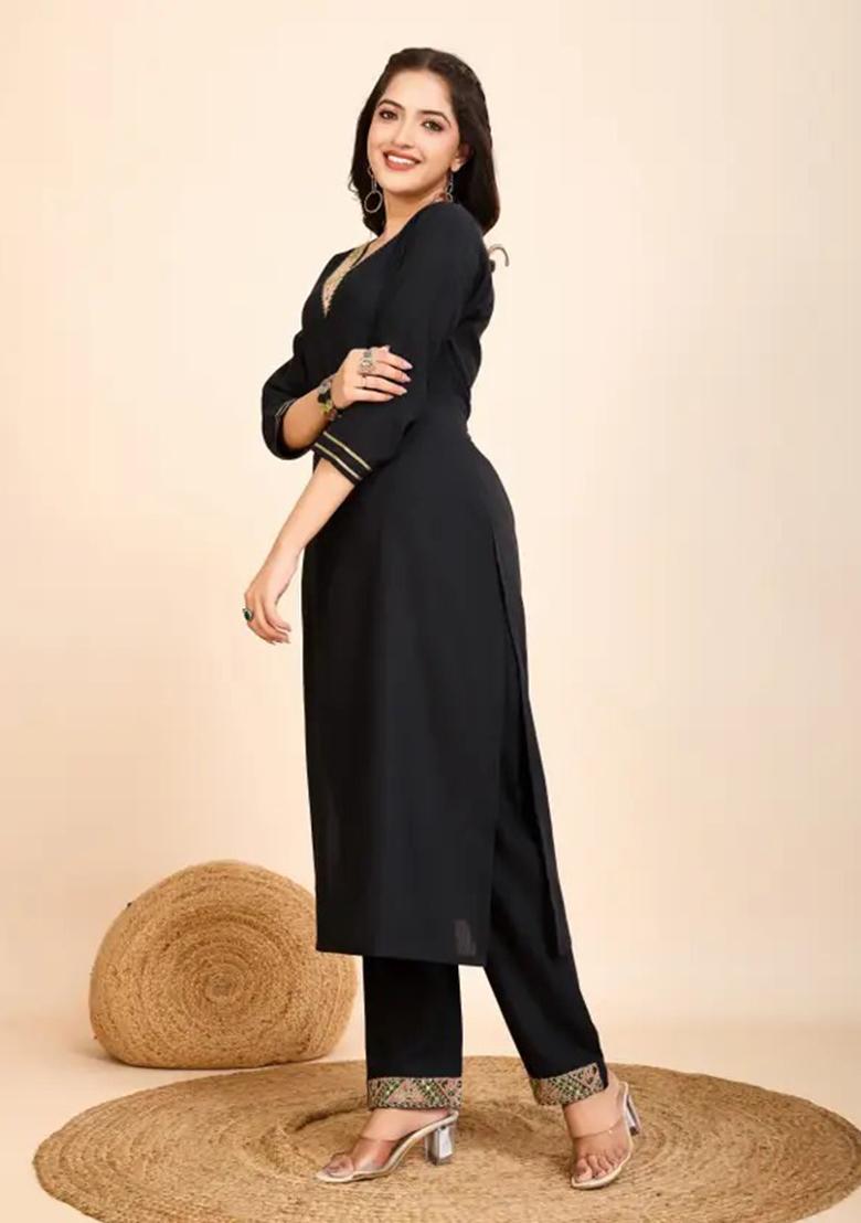 Black Motif Cotton Kurta Set - Indya