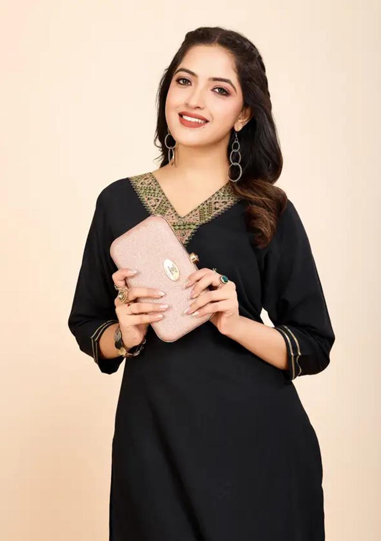 Black Motif Cotton Kurta Set - Indya