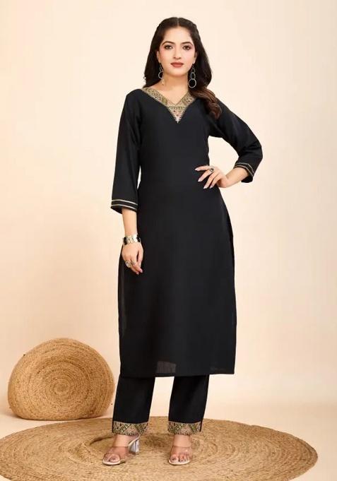 Black Motif Cotton Kurta Set
