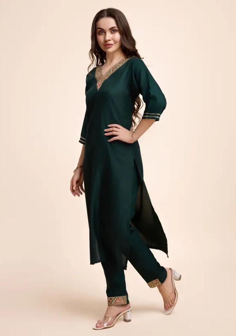 Green Motif Cotton Kurta Set - Indya