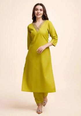Lemon Yellow Motif Cotton Kurta Set