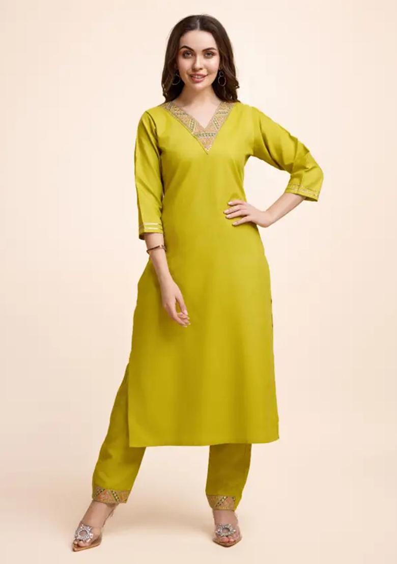 Lemon Yellow Motif Cotton Kurta Set - Indya