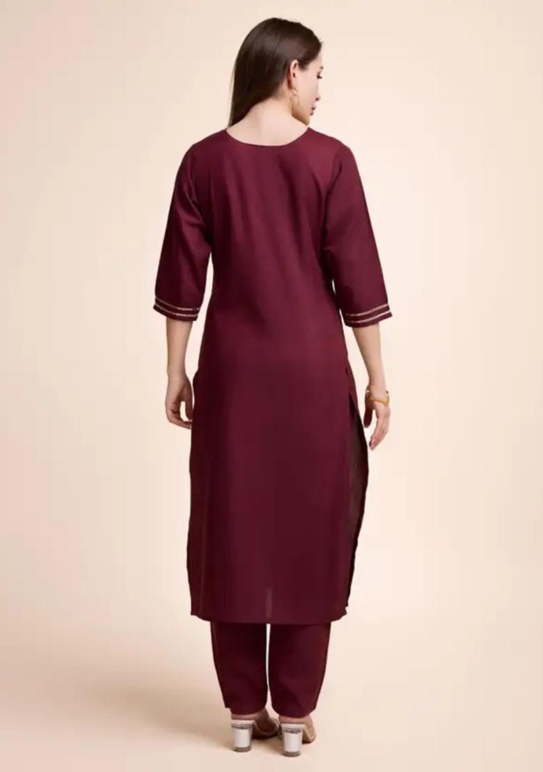 Maroon Motif Cotton Kurta Set - Indya