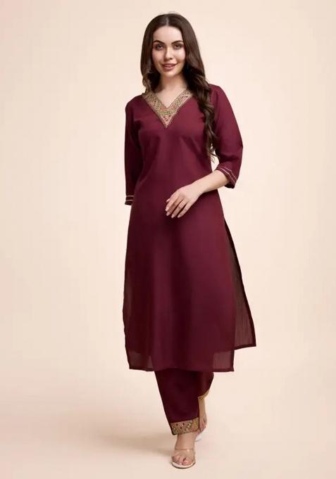 Maroon Motif Cotton Kurta Set