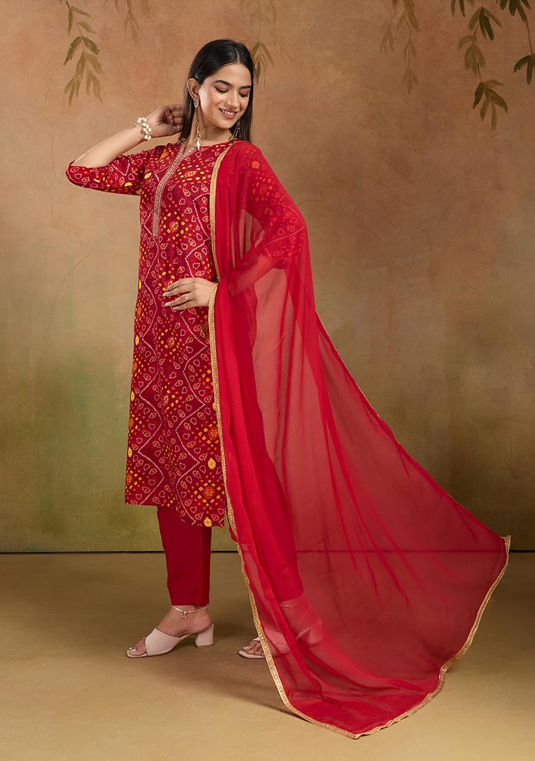 Red Motif Rayon Kurta Set - Indya