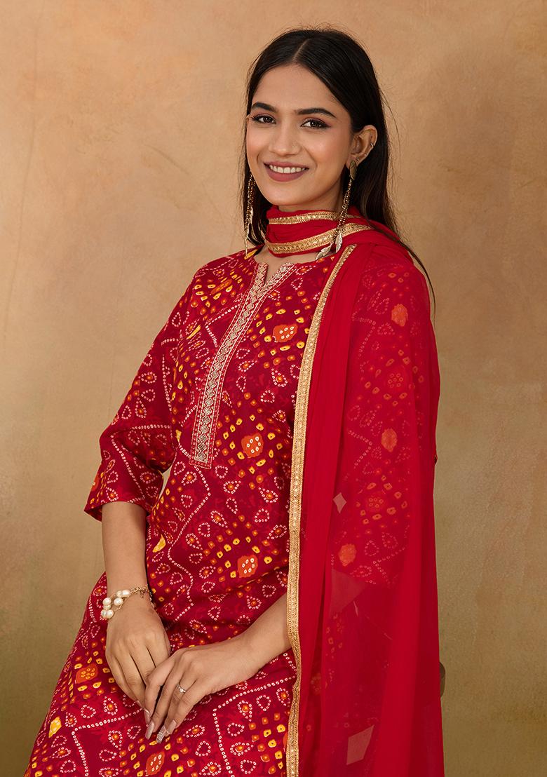 Red Motif Rayon Kurta Set - Indya