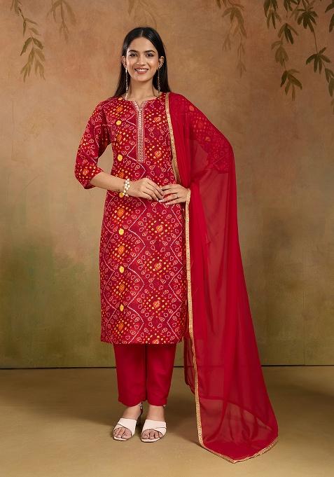 Red Motif Rayon Kurta Set