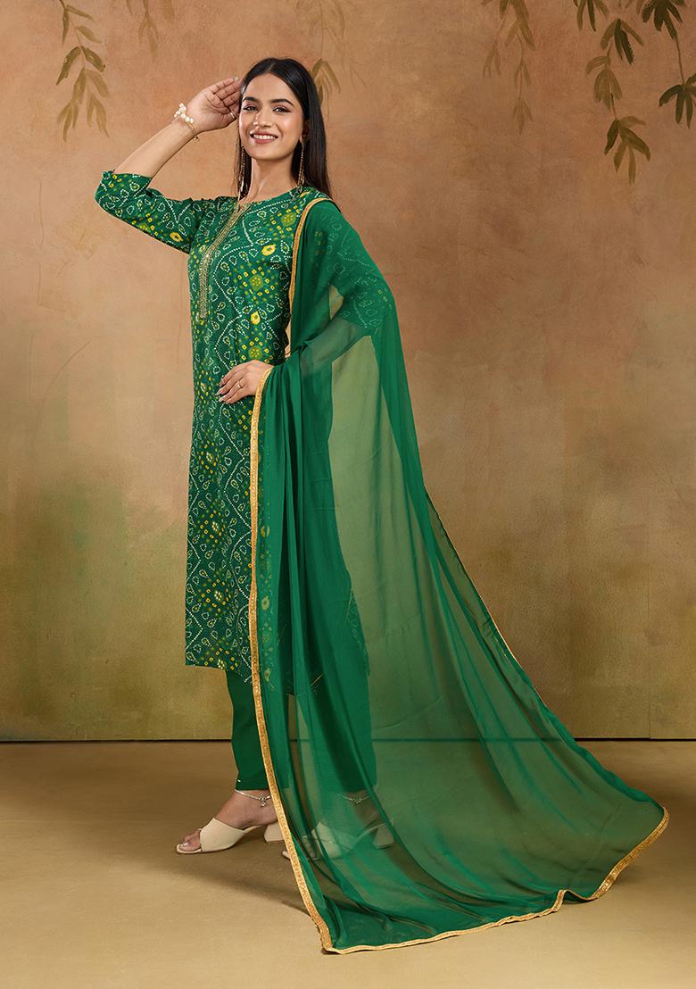 Green Motif Rayon Kurta Set - Indya