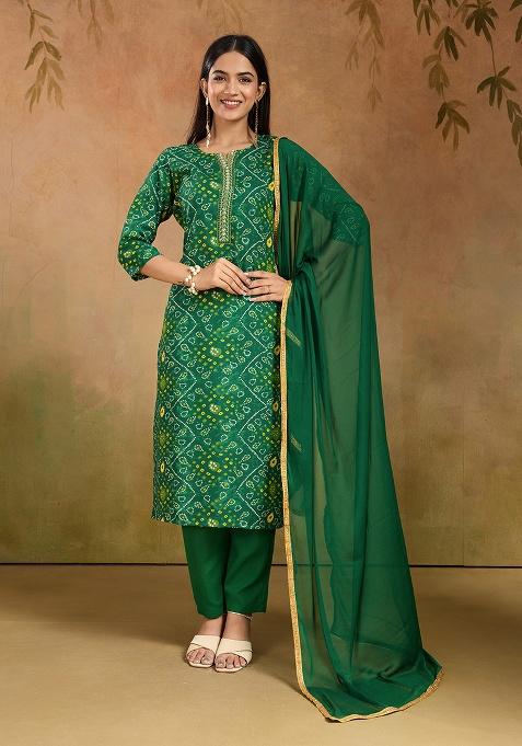 Green Motif Rayon Kurta Set