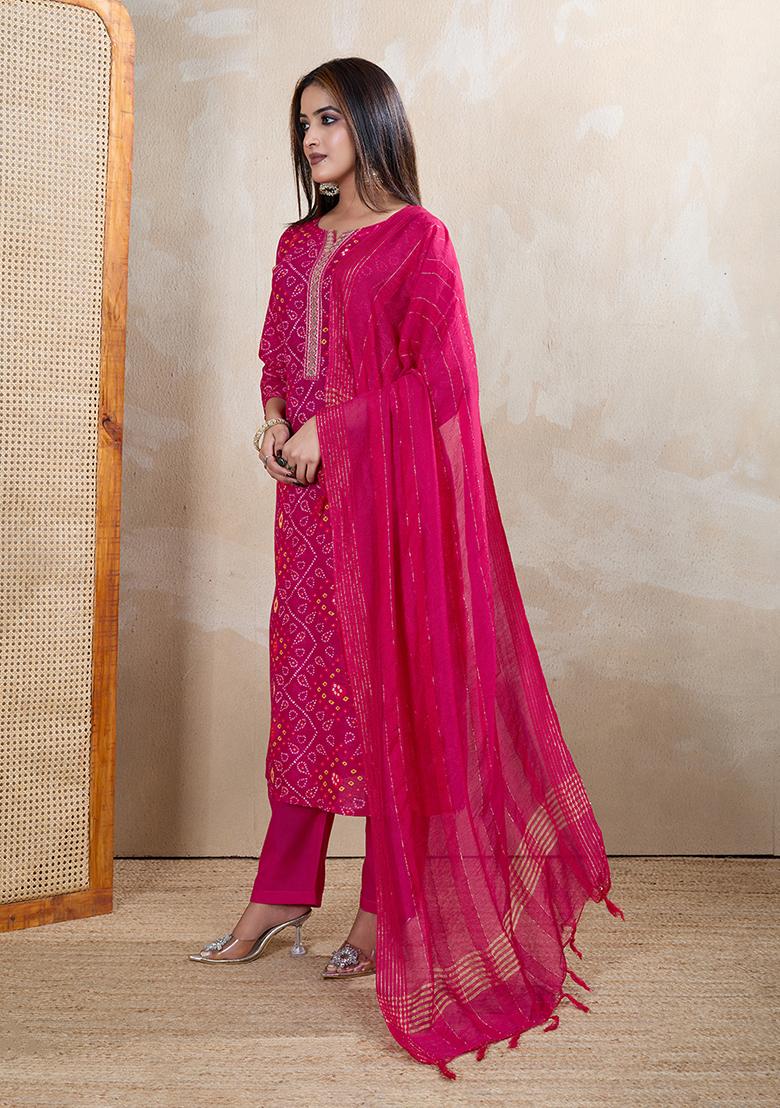 Pink Motif Rayon Kurta Set - Indya