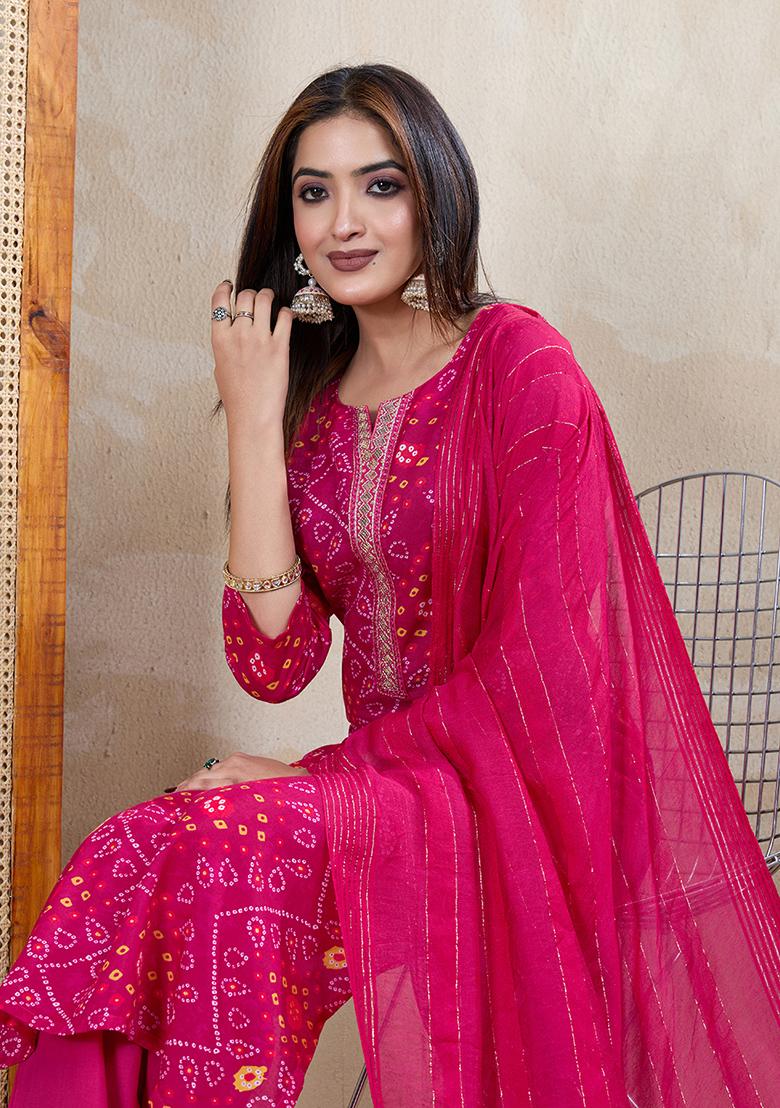 Pink Motif Rayon Kurta Set - Indya