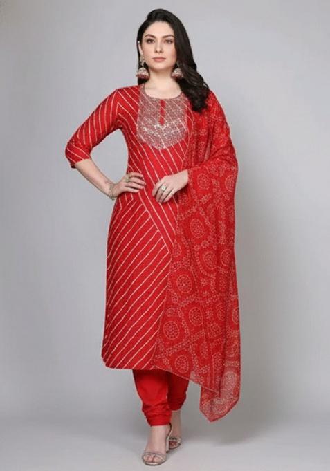 Red Motif Rayon Kurta Set