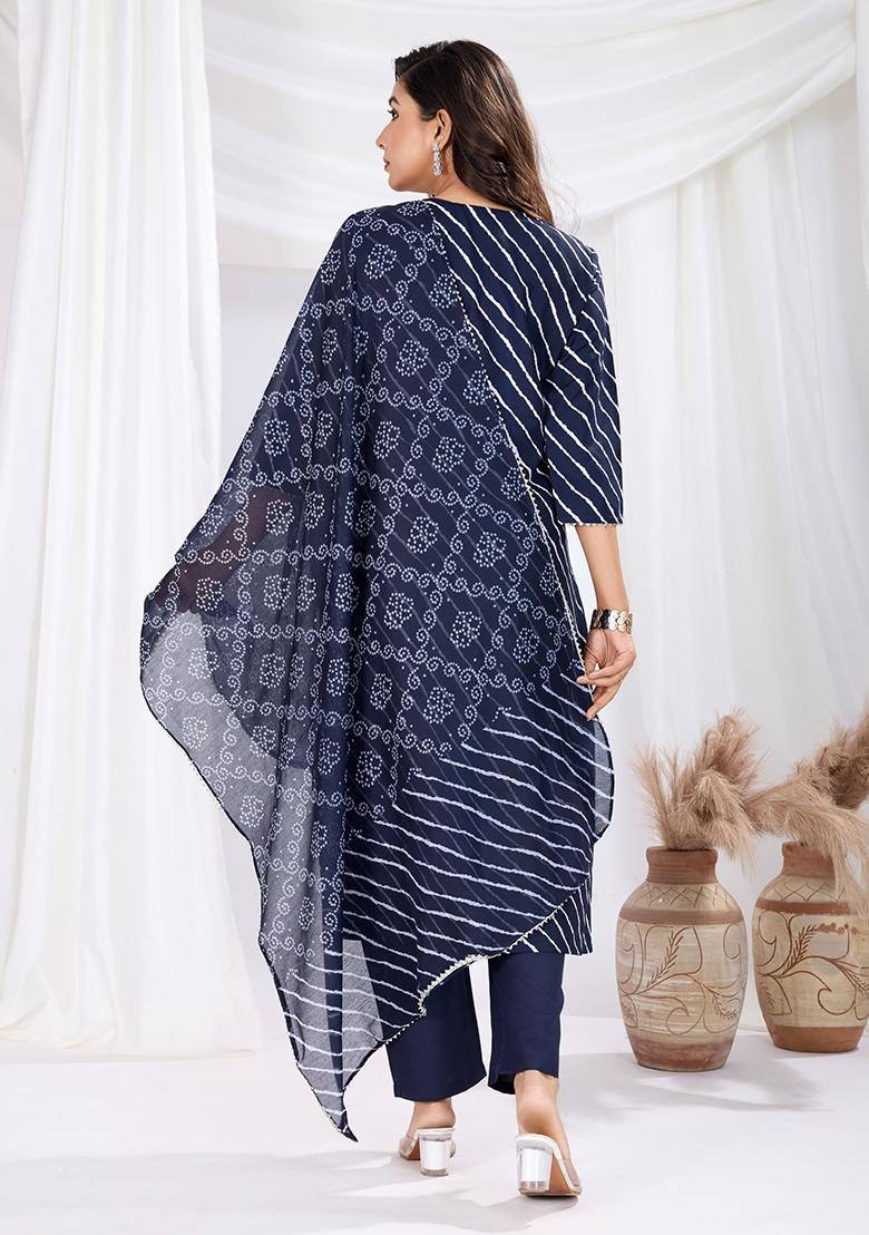 Blue Motif Rayon Kurta Set - Indya