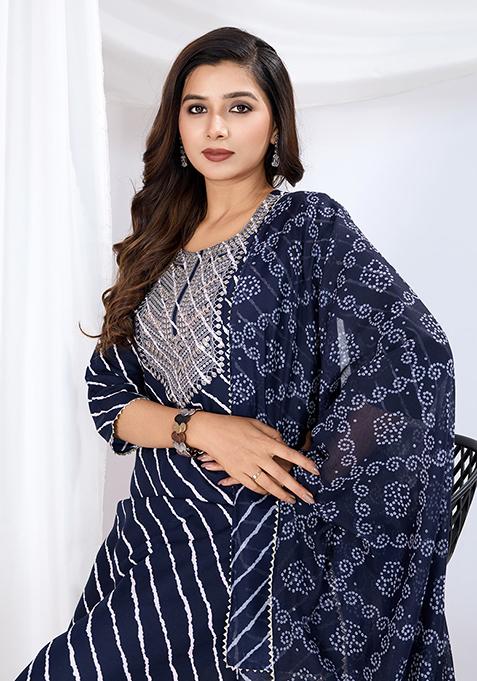 Blue Motif Rayon Kurta Set