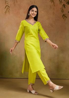 Lemon Yellow Motif Cotton Kurta Set