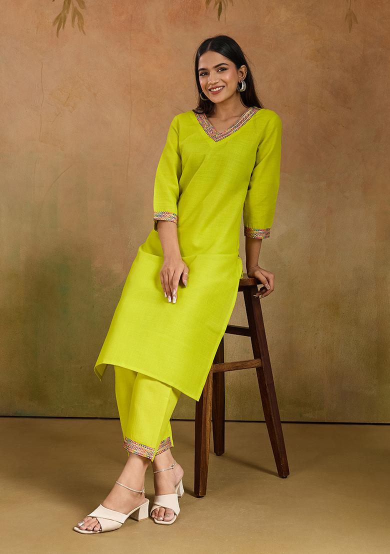 Lemon Yellow Motif Cotton Kurta Set - Indya