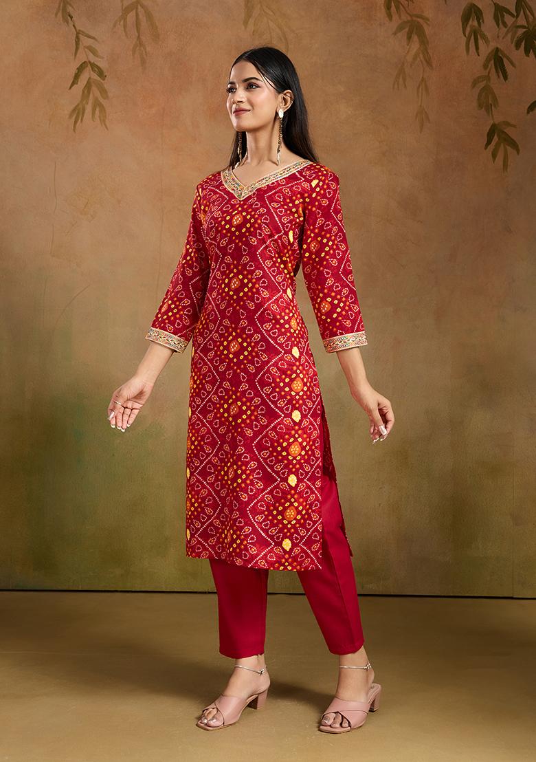 Red Motif Rayon Kurta Set - Indya