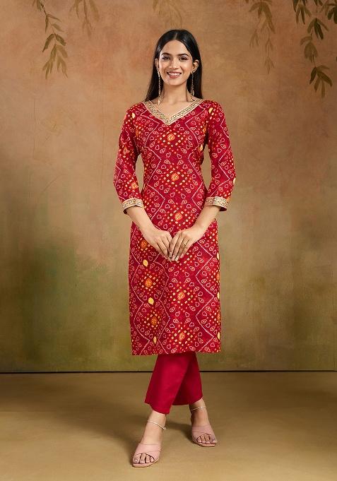 Red Motif Rayon Kurta Set
