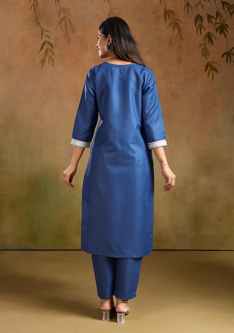 Blue Motif Cotton Kurta Set - Indya