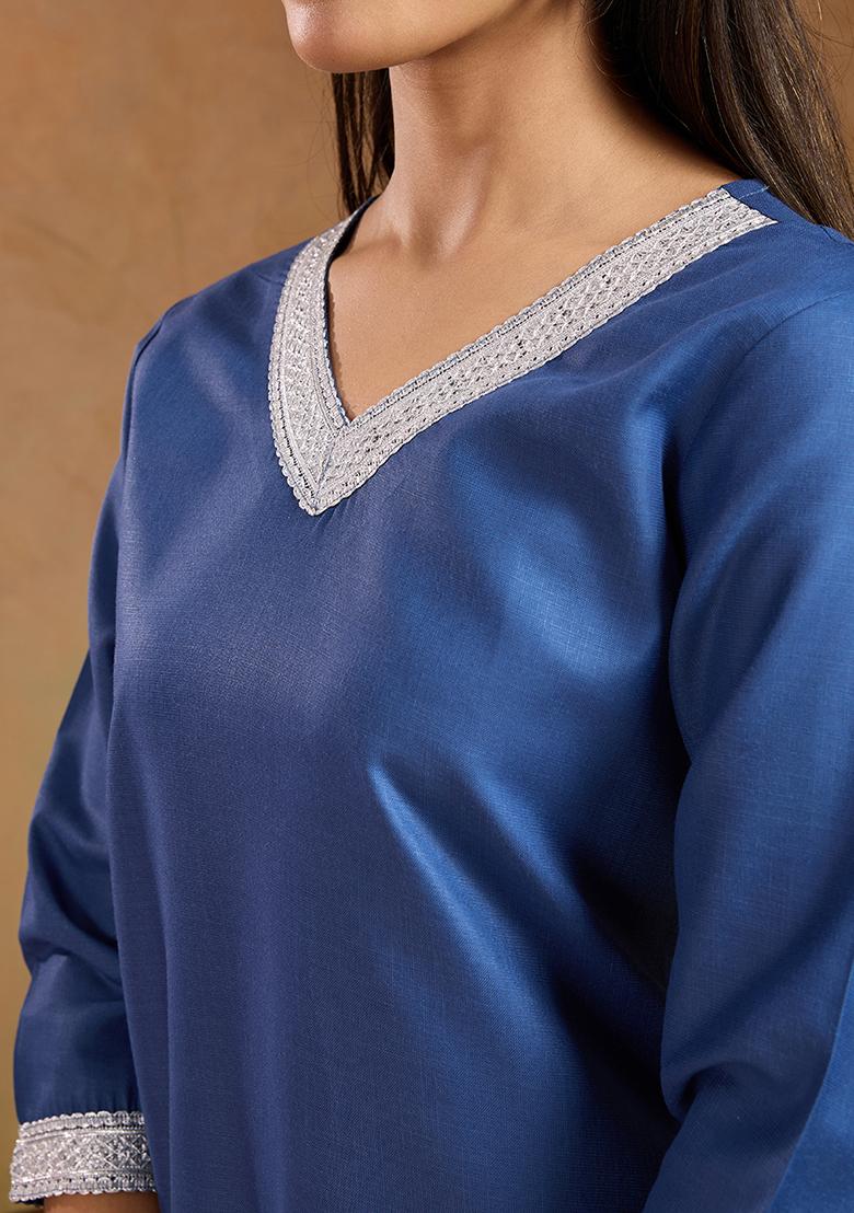 Blue Motif Cotton Kurta Set - Indya