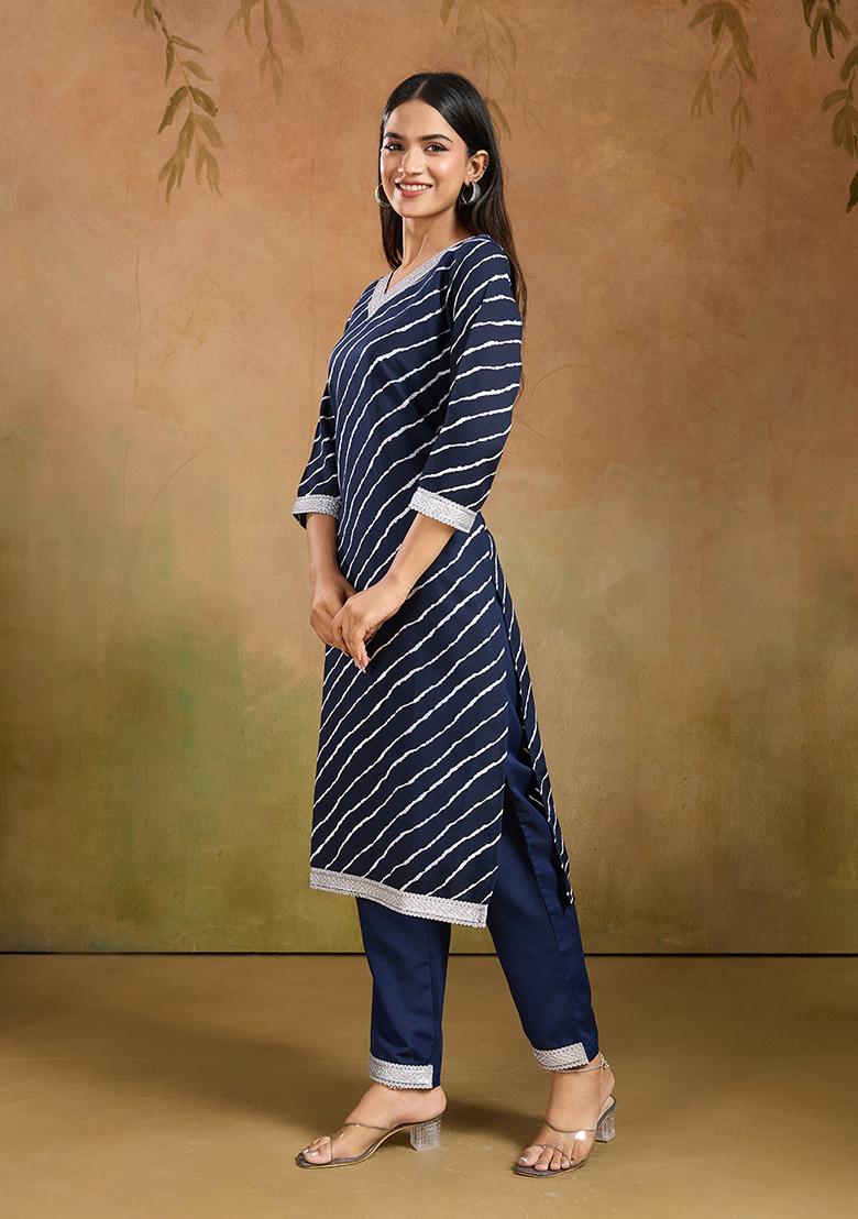 Blue Motif Rayon Kurta Set - Indya