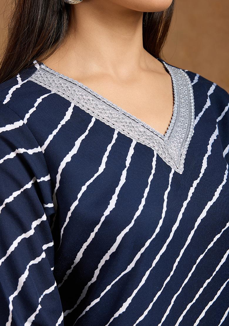 Blue Motif Rayon Kurta Set - Indya