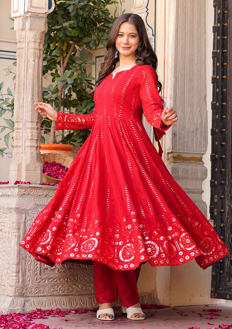 Red Embroidered Georgette Anarkali Set - Indya