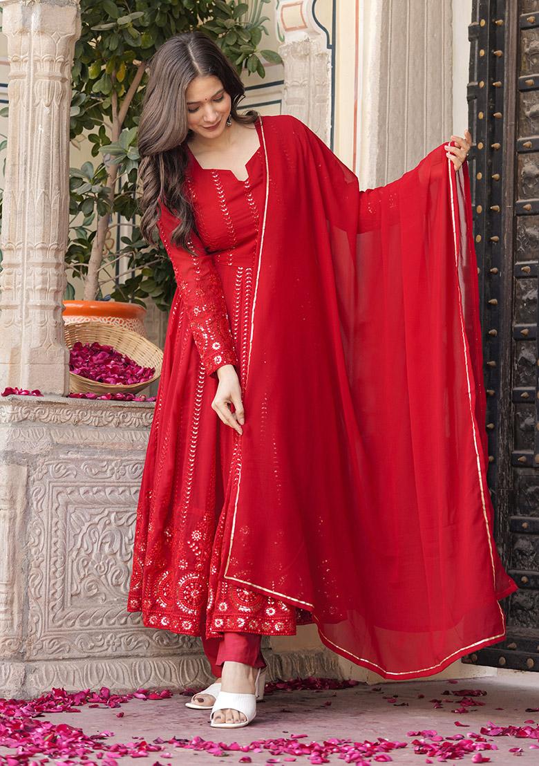 Red Embroidery Georgette Kurta Set - Indya