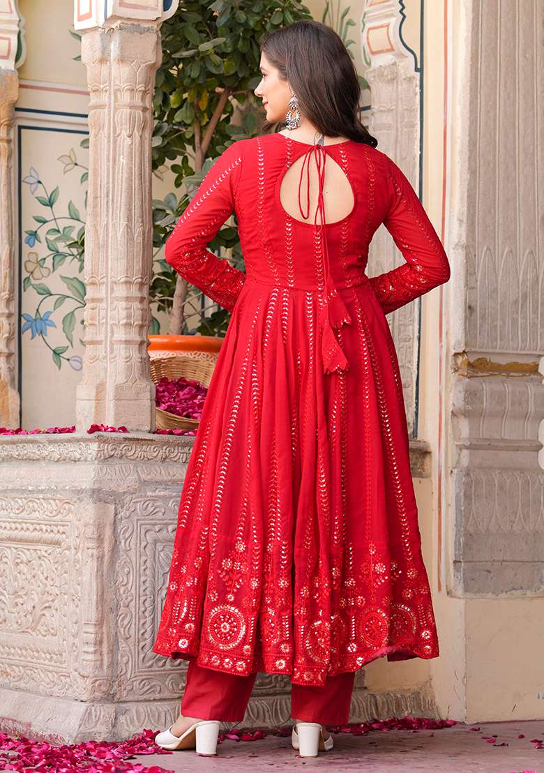 Red Embroidered Georgette Anarkali Set - Indya