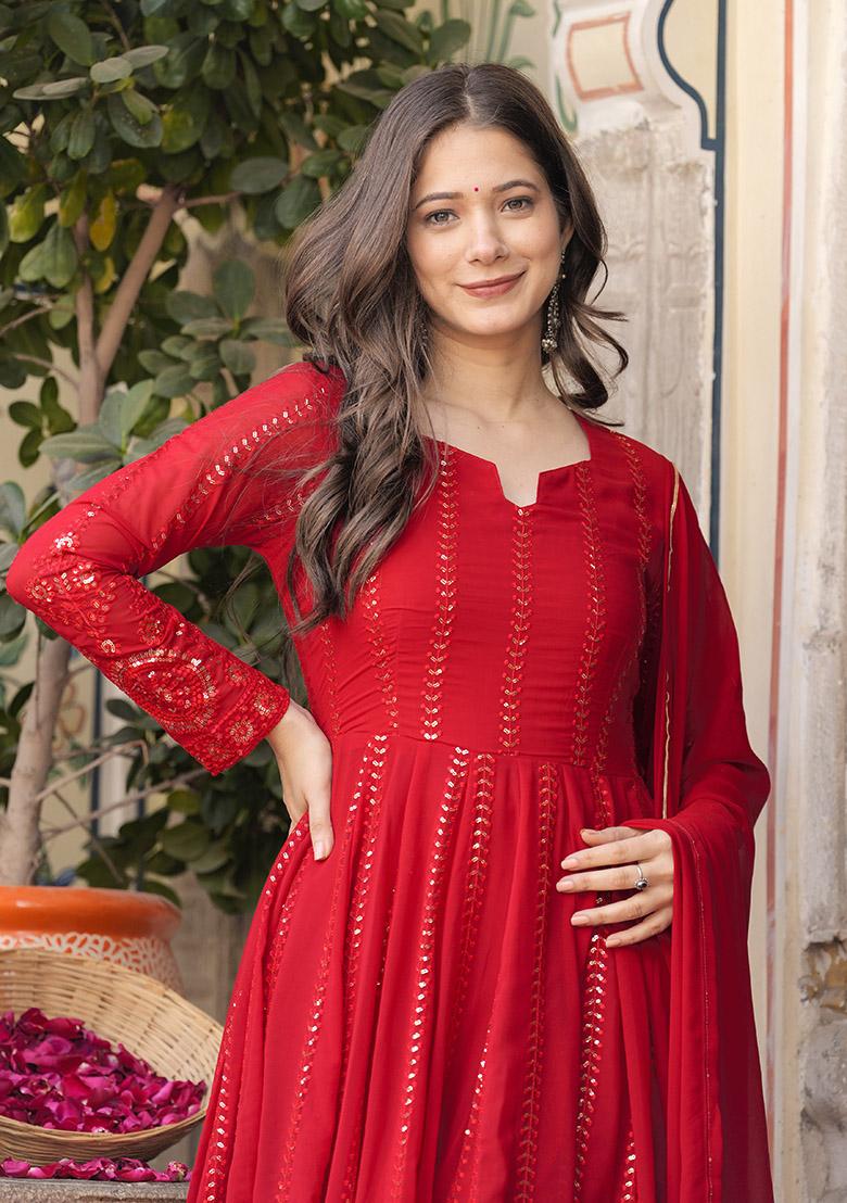 Red Embroidery Georgette Kurta Set - Indya