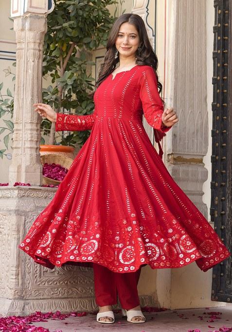 Red Embroidery Georgette Kurta Set