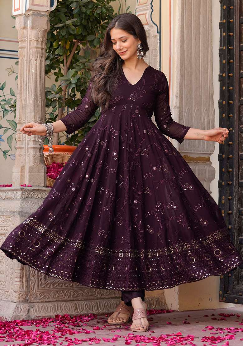 Brown Embroidered Georgette Anarkali Set - Indya