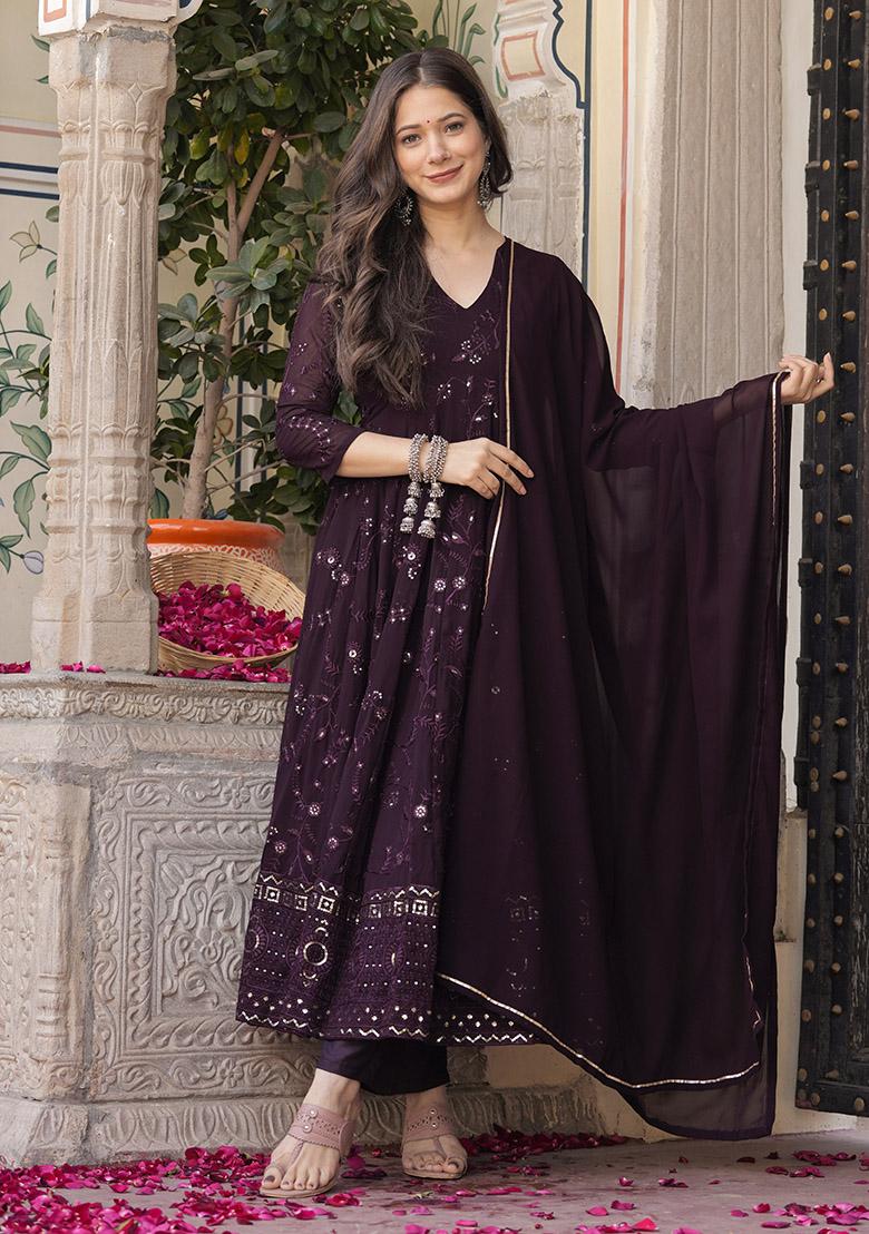Brown Embroidery Georgette Kurta Set - Indya