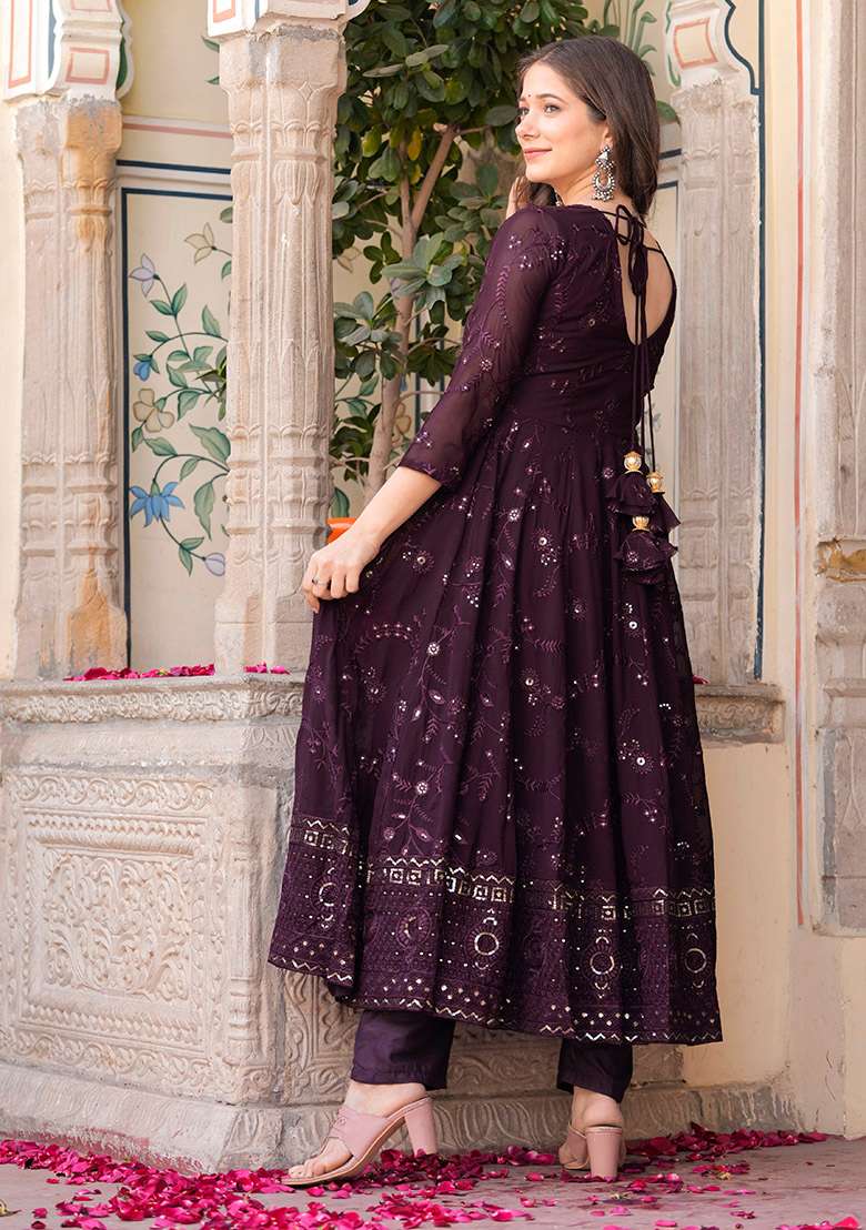 Brown Embroidered Georgette Anarkali Set - Indya