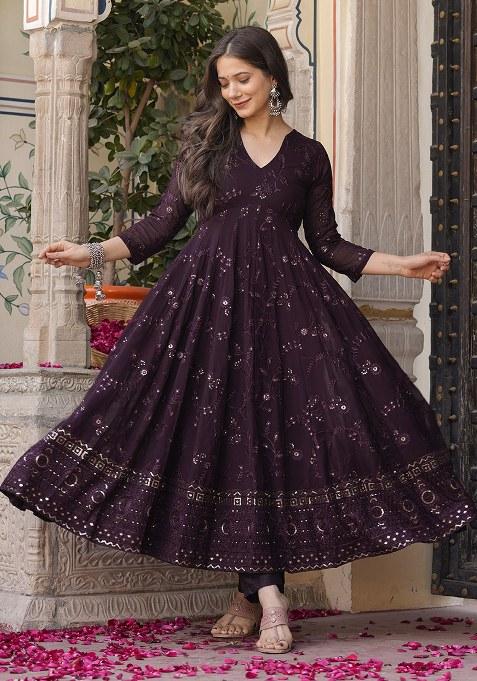 Brown Embroidery Georgette Kurta Set