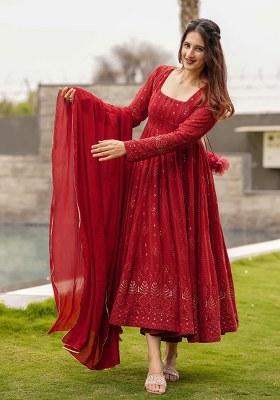 Red Embroidery Georgette Kurta Set