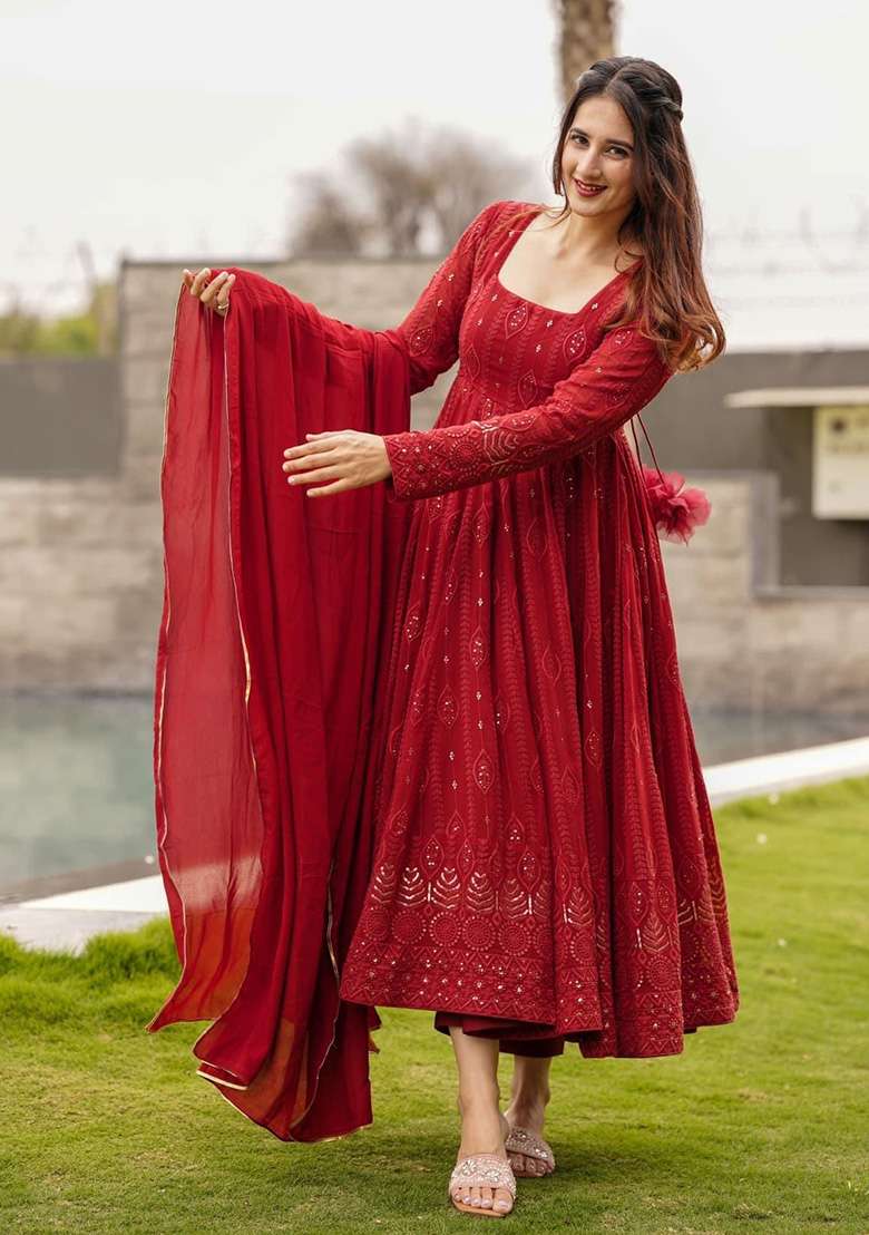 Red Embroidered Georgette Anarkali Set - Indya