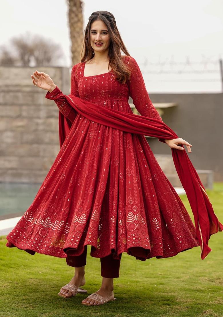 Red Embroidery Georgette Kurta Set - Indya