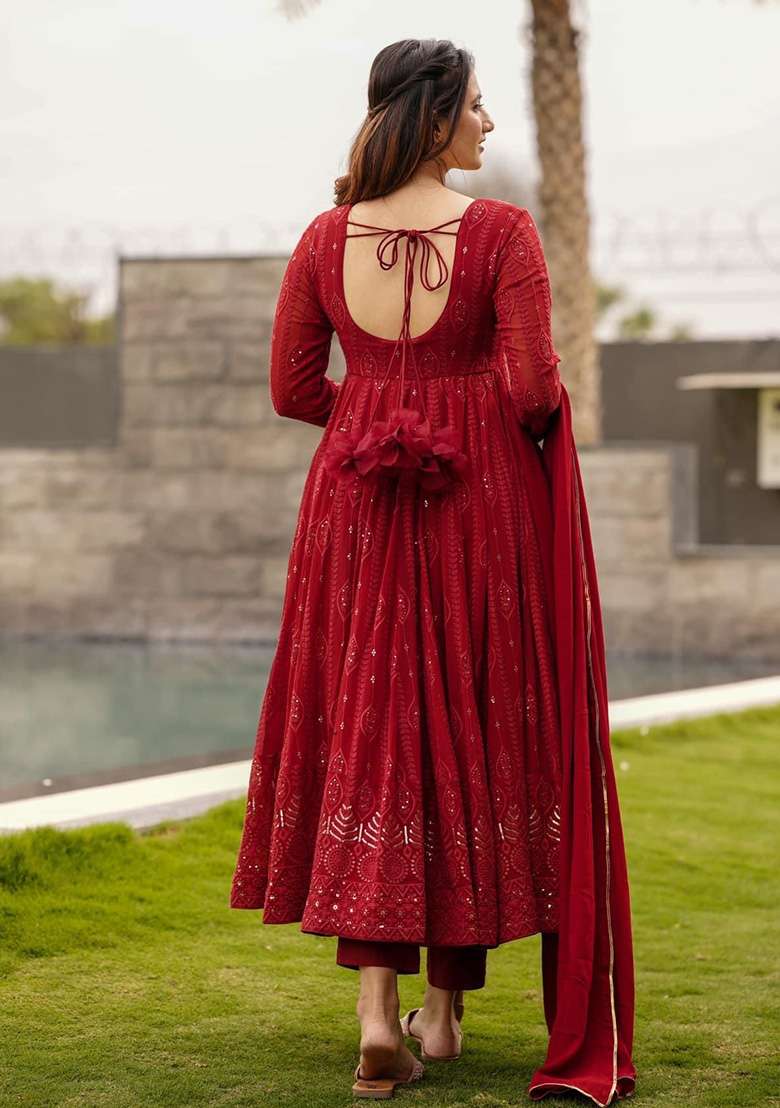Red Embroidered Georgette Anarkali Set - Indya