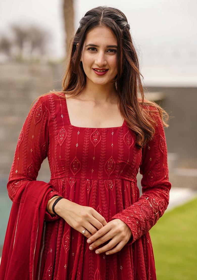 Red Embroidery Georgette Kurta Set - Indya