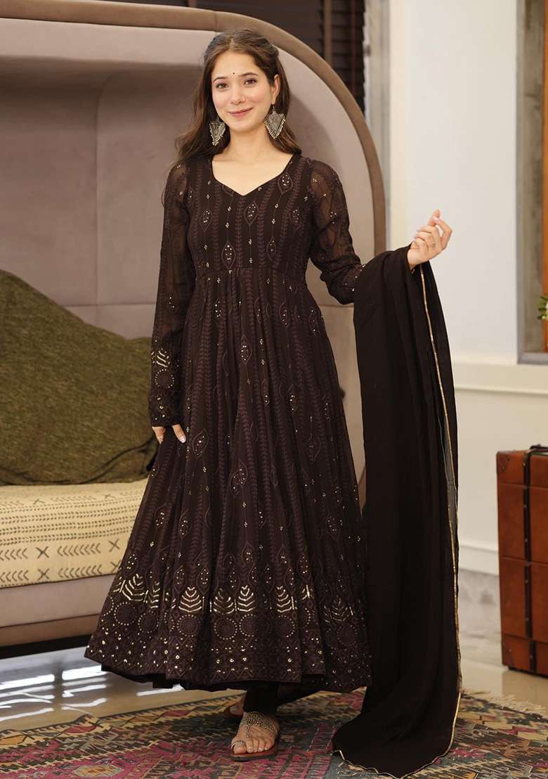 Brown Sequin Work Georgette Anarkali Set - Indya