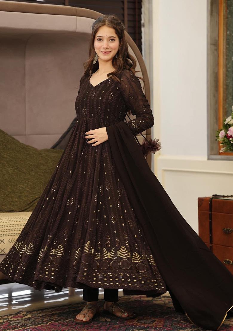 Brown Embroidery Georgette Kurta Set - Indya